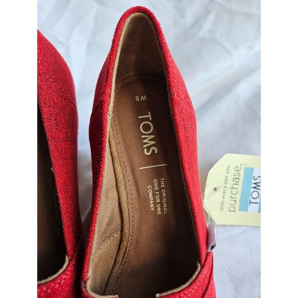 TOMS Women's Size 5 RED Classic Cork Wedge Heel Shoes Peep Toe Sandal NWOB - Picture 4 of 8